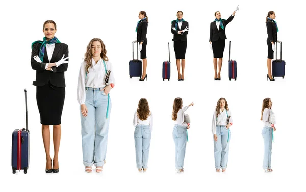 Κολάζ με νεαρά κορίτσια, αεροσυνοδούς και σχεδιαστές που στέκονται μαζί απομονωμένοι σε λευκό φόντο. Προφίλ, εμπρός και πίσω όψη. — Φωτογραφία Αρχείου