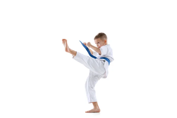 Un niño deportivo, deportistas taekwondo usando doboks practicando solos aislados sobre fondo blanco. Concepto de deporte, artes marciales — Foto de Stock