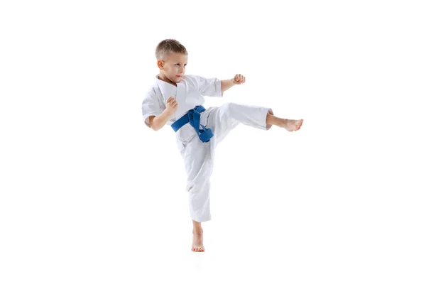 Retrato de niño deportivo, taekwondo masculino, atletas de karate en doboks saltando aislados sobre fondo blanco. Concepto de deporte, artes marciales — Foto de Stock