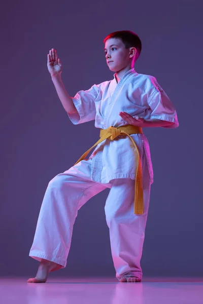 Stúdió felvétel sportos gyerek, férfi taekwondo, karate sportolók doboks pózol elszigetelt lila háttér neon. A sport, a harcművészetek fogalma — Stock Fotó