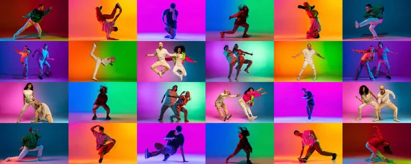 ブレイクダンスやヒップホップダンサーとのコラージュは、ネオンで多色の背景に隔離されたダンス。若者文化、運動、音楽、ファッション、アクション. — ストック写真