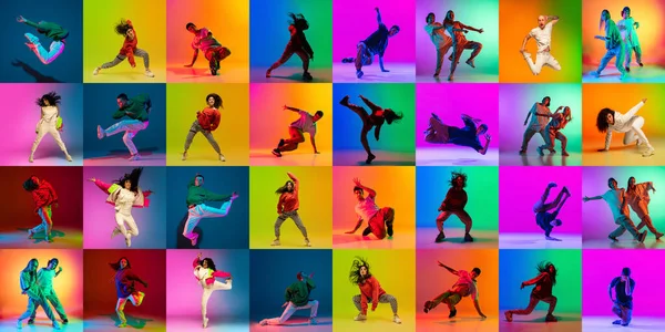 Koláž s break dance nebo hip hop tanečníci tanec izolovaný přes pestrobarevné pozadí v neonu. Mládež kultura, pohyb, hudba, móda, akce. — Stock fotografie