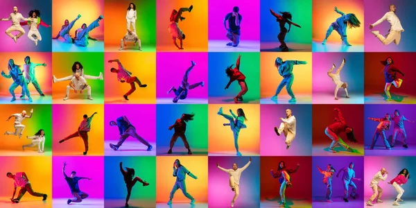 Koláž s break dance nebo hip hop tanečníci tanec izolovaný přes pestrobarevné pozadí v neonu. Mládež kultura, pohyb, hudba, móda, akce. — Stock fotografie