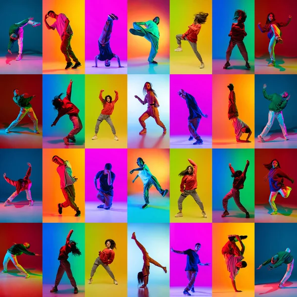 Mosaik. Set mit Bildern von jungen Männern und Frauen Breakdance oder Hip-Hop-Tänzerinnen, die isoliert vor buntem Hintergrund in Neon tanzen. — Stockfoto