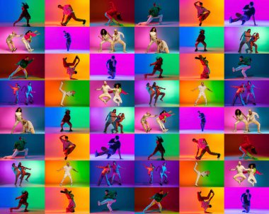 Break dans kolajı ya da hip hop dansçıları neon renkli arka planda soyutlanmış dans. Gençlik kültürü, hareket, müzik, moda, aksiyon.