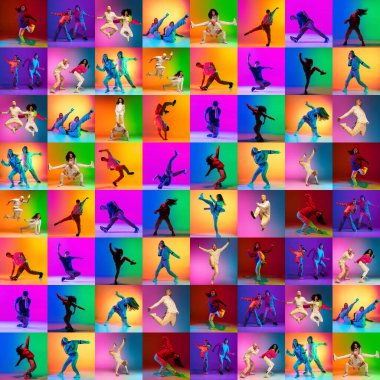 Break dans kolajı ya da hip hop dansçıları neon renkli arka planda soyutlanmış dans. Gençlik kültürü, hareket, müzik, moda, aksiyon.