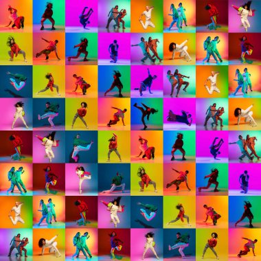 Break dans kolajı ya da hip hop dansçıları neon renkli arka planda soyutlanmış dans. Gençlik kültürü, hareket, müzik, moda, aksiyon.