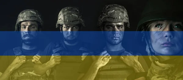 Conceptuele collage met jonge mannelijke en vrouwelijke soldaten geïsoleerd op donkere achtergrond. Mannen en vrouwen in militair uniform op oorlog. — Stockfoto