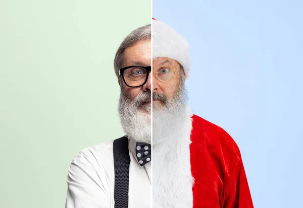 Обкладинка. Складний образ двох половин професора і Санта Клауса ізольований на білому студійному фоні. Концепція професії, різноманітності, кар'єри, праці та хобі — стокове фото
