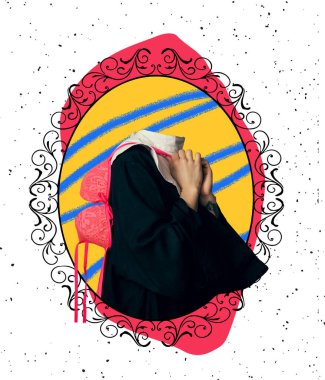 Çağdaş sanat kolajı. Fikir, ilham, arzu ve yaratıcılık. Eski giysiler içindeki ortaçağ kraliyet ailesi mensubu gibi. Dönem karşılaştırması kavramı, sanat eserleri.