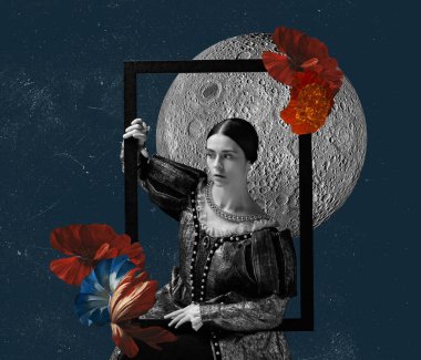Çağdaş sanat kolajı. Fikir, ilham, arzu ve yaratıcılık. Eski giysiler içindeki ortaçağ kraliyet ailesi mensubu gibi. Dönem karşılaştırması kavramı, sanat eserleri.