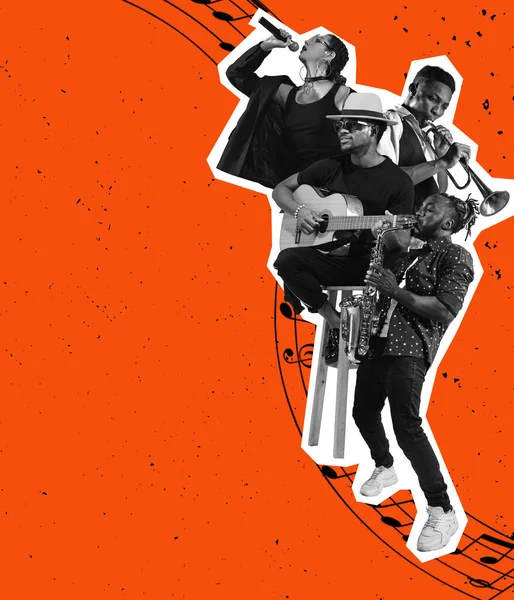Modernes Design. Collage zeitgenössischer Kunst. Junge Musiker treten auf, singen vereinzelt vor leuchtend orangefarbenem Hintergrund. Konzept von Musikfestivals — Stockfoto