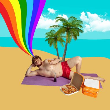 Çağdaş sanat kolajı, modern tasarım. Genç adam plajda güneşleniyor. Parti zamanı, eğlenceli yaz havası. Sürrealizm