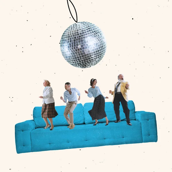 Contemporary art collage with mixed age people in retro 80s style attire dancing on giant blue sofa isolated over light background. Party time — Stock Photo, Image
