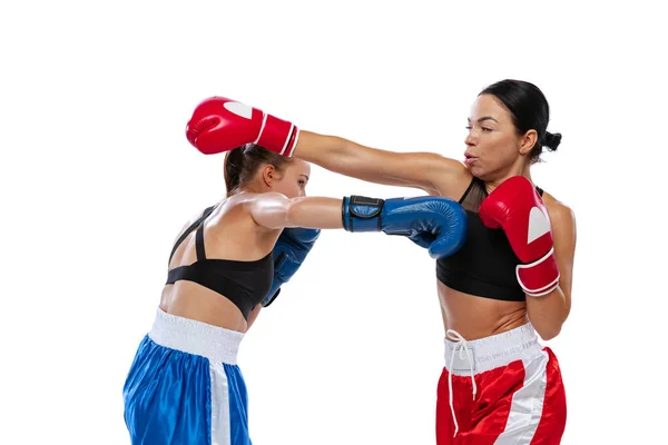 두 명의 여성 프로 권투 선수들 이 화이트 스튜디오 배경에서 고립되어 훈련받고 있습니다. 스포츠 유니폼을 입고 싸우는 건장 한 여자들. 스포츠, 경쟁 — 스톡 사진