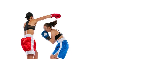 Dos boxeadoras profesionales de boxeo aisladas sobre fondo de estudio blanco. Un par de atletas caucásicos musculosos en forma peleando. Deporte, competición —  Fotos de Stock