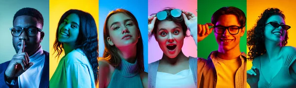 Diversità. Giovani con emozioni diverse. Serie di ritratti di giovani eccitati multietnici su sfondo multicolore al neon. Arte, bellezza, creatività, moda — Foto Stock