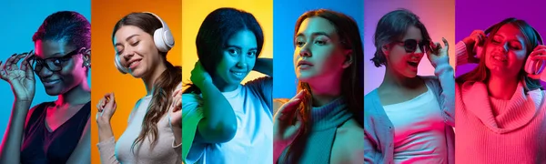 Collage of portraits of young emotional people on multicolored background in neon. Concept of human emotions, facial expression, sales. — Stock Photo, Image