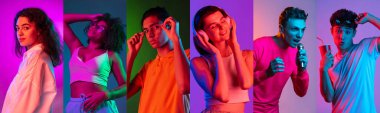 Farklı duyguları olan gençler. Neon renkli arka planda çok ırklı genç insanları heyecanlandıran portreler. Sanat, güzellik, yaratıcılık, moda