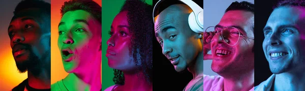 Soubor detailních portrétů mladých nadšených multietnických lidí na pestrobarevném pozadí v neonu. Pojem lidské emoce, výraz obličeje, prodej. — Stock fotografie