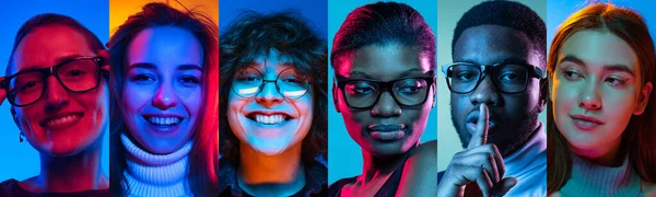Uppsättning närbilder av unga glada multietniska människor på flerfärgad bakgrund i neon. Begreppet mänskliga känslor, ansiktsuttryck, försäljning. — Stockfoto