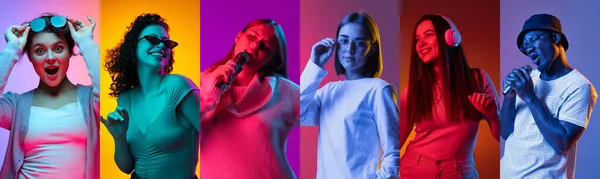 Jeugd met verschillende emoties. Set portretten van jonge opgewonden multi-etnische mensen op veelkleurige achtergrond in neon. Kunst, schoonheid, creativiteit, mode — Stockfoto