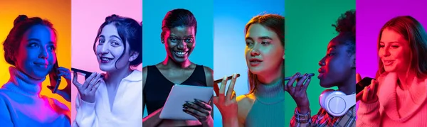 Usando o telefone. Colagem de retratos de jovens emotivos em fundo multicolorido em néon. Conceito de emoções humanas, expressão facial, vendas. — Fotografia de Stock