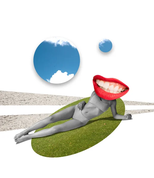 Contemporary art collage. Slim woman body in underwear with big female mouth head lying on grass isolated over white background — Stock Photo, Image