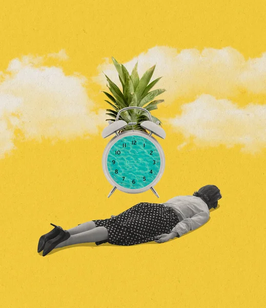 Contemporary art collage. Desperate woman lying face down near alarm clock in shape of pineapple isolated over yellow background