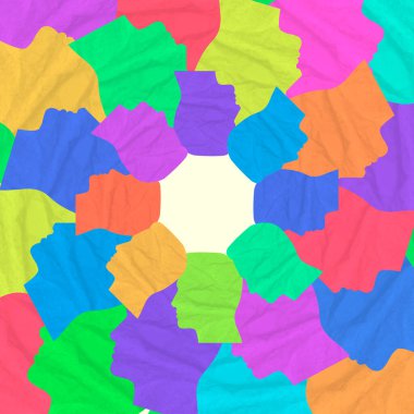 Çağdaş sanat kolajı. İnsan hakları için mücadele eden çok renkli insan siluetleriyle kompozisyon. Çeşitlilik, dostluk, barış kavramı