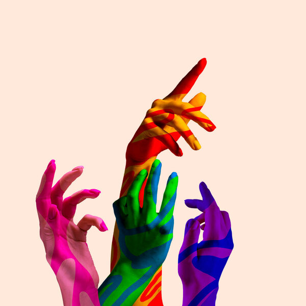Contemporary art collage. Composition with multicolored human hands gesturing isolated on light background. Concept of diversity, friendship, rights, peace