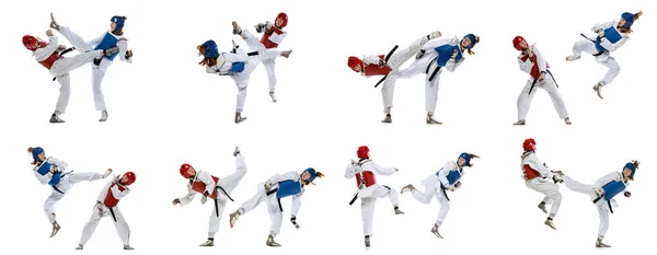Zestaw zdjęć dwóch sportowych dziewcząt, profesjonalnych sportowców taekwondo noszących doboks i stroje sportowe ćwiczących na białym tle. Kolaż — Zdjęcie stockowe