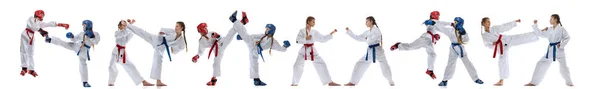 Folheto horizontal com imagens de duas meninas, adolescentes, atletas de taekwondo vestindo doboks e uniformes esportivos isolados em fundo branco. Colagem, conjunto — Fotografia de Stock