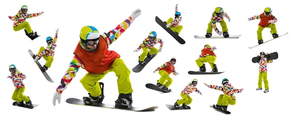 Collage made of portraits of young woman in bright sportswear, goggles and helmet snowboarding isolated on white studio background. — Stock Photo, Image