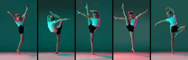 Conjunto de retratos de niña pequeña y flexible, entrenamiento de artista de gimnasia rítmica aislado sobre fondo de estudio verde en luz rosa neón. Gracia en movimiento, acción. — Foto de Stock
