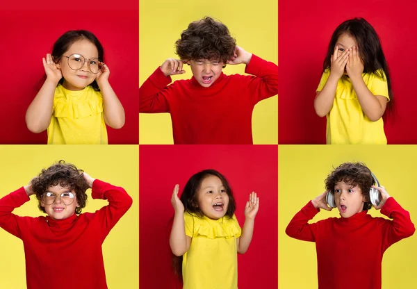 Κολάζ φτιαγμένο από πορτρέτα δύο μικρών παιδιών, αγόρι και κορίτσι απομονωμένα σε κόκκινο και κίτρινο φόντο στούντιο. Εκπαίδευση, ανθρώπινα συναισθήματα, έννοια της έκφρασης του προσώπου. — Φωτογραφία Αρχείου