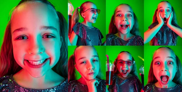 Leren gevoelens te tonen. Foto set van beelden van kleine jongen, schattig meisje geïsoleerd op groene studio achtergrond in neon licht. Onderwijs, emoties — Stockfoto