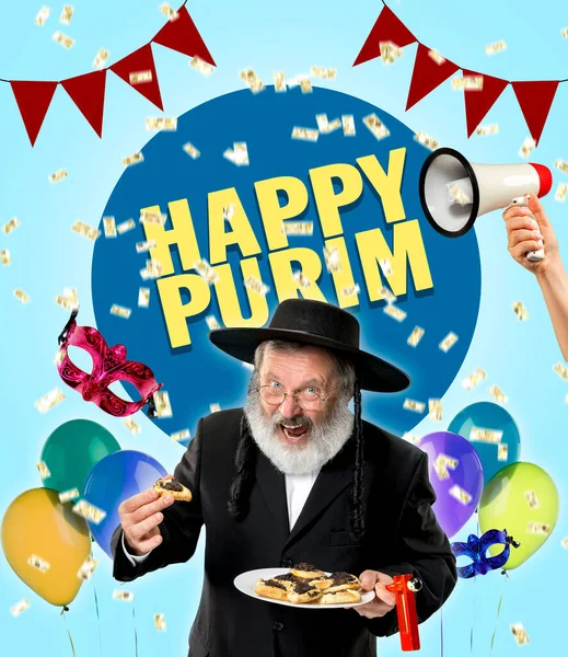 Hedendaagse kunstcollage met portret van gelukkige senior orthodoxe joodse man tijdens festivalzuivering. Vakantie, feest, traditie, advertentieconcept. — Stockfoto