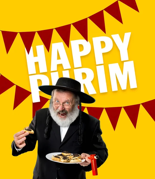 Sztuka współczesna kolaż z portretem szczęśliwego starszego ortodoksyjnego Żyda podczas festiwalu purim. Wakacje, świętowanie, tradycja, koncepcja reklamy. — Zdjęcie stockowe