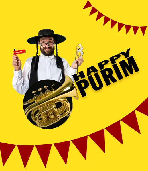 Ljusa samtida konst collage med glada unga ortodoxa jude man under festivalen purim. Semester, fest, tradition, ad koncept. — Stockfoto
