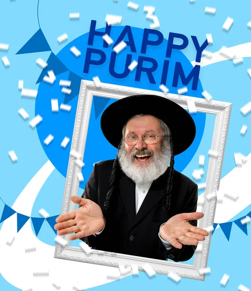 Sztuka współczesna kolaż z portretem szczęśliwego starszego ortodoksyjnego Żyda podczas festiwalu purim. Wakacje, świętowanie, tradycja, koncepcja reklamy. — Zdjęcie stockowe