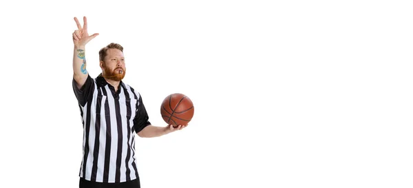Half-length portrait of sport referee wearing field judge uniform gesturing isolated on white studio background. Concept of sport, rules, competitions, rights, ad, sales. — Stock Photo, Image