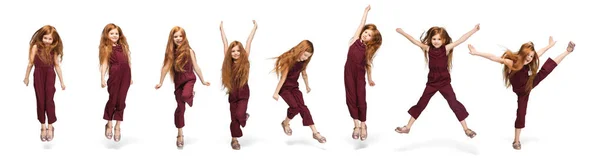 Collage con imágenes de un niño pequeño y lindo, chica feliz saltando, corriendo aislado en el fondo blanco del estudio. Educación, emociones, concepto infantil. —  Fotos de Stock