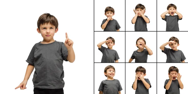 Set von Bildern von kleinen niedlichen Kind, Junge isoliert auf weißem Studiohintergrund. Bildung, Emotionen, Mimik und kindliches Konzept. — Stockfoto