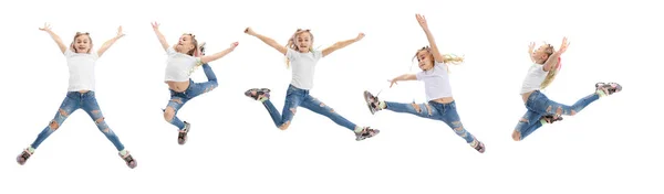 Set van beelden van kleine flexibele meisje springen geïsoleerd op witte studio achtergrond. Onderwijs, emoties, jeugd- en sportconcept. — Stockfoto