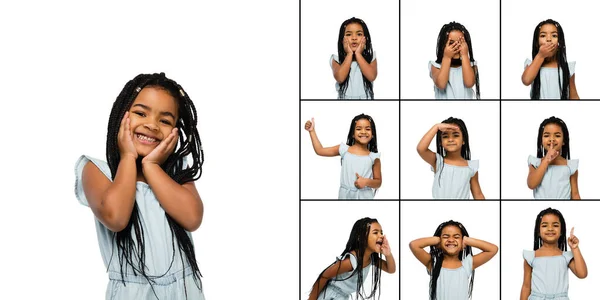 Conjunto de imagens de pequeno garoto bonito, linda menina africana isolada no fundo do estúdio branco. Educação, emoções, expressão facial e conceito de infância. — Fotografia de Stock