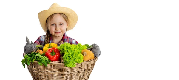 Retrato de menina bonito, criança emotiva na imagem de agricultor, jardineiro com grande cesta de legumes isolados no fundo branco. Conceito de trabalho, trabalho, infância, jogos — Fotografia de Stock