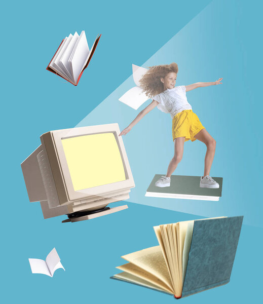 Современный художественный коллаж ребенка, девушка летит, серфинг на большой книге изолированы на синем фоне. Гаджеты в стиле ретро
