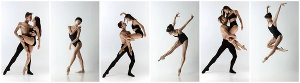 Композитне зображення двох чоловіків, чоловіка і жінки, що танцюють у сучасному стилі балету на студії на сірому фоні. Краса, мистецтво, концепція розмаїття — стокове фото