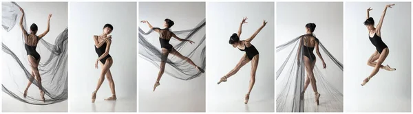 Colagem de retratos de um jovem magro bela menina asiática, dançarina de balé feminino dançando com tecido preto isolado no fundo branco. — Fotografia de Stock